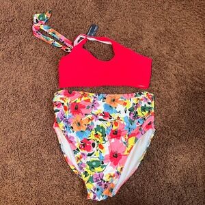Summer Mae Red Halter Bikini Top High Waist Floral Print Swimsuit Set XL NWT